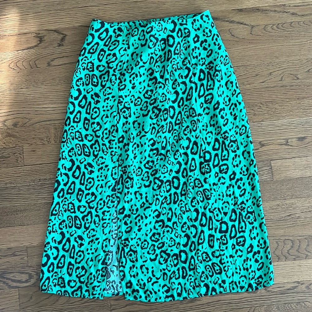 WAYF Green Leopard Print Midi Skirt